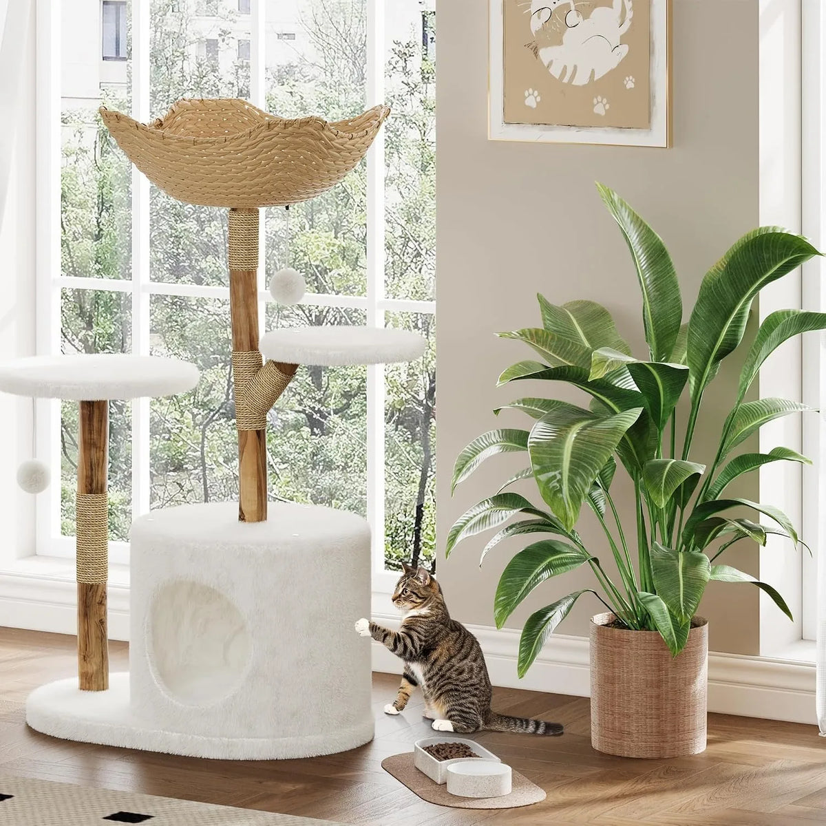 43" Modern Wooden Cat Tree Tower with Woven Rattan & Dual Perches