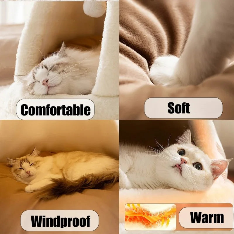 Self-Warming Plush Cat Tent Bed with Washable Cover