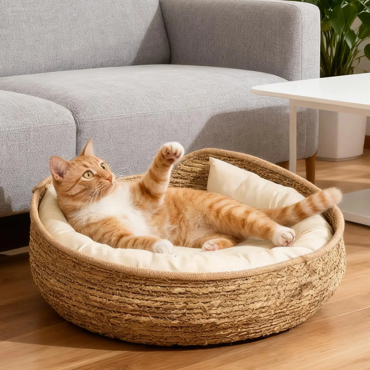 Cat Bed Hand-Woven Cotton Rope Cat Basket All Season Indoor Weaving Pet Resting Scratching Sleeping Furniture for All Breeds