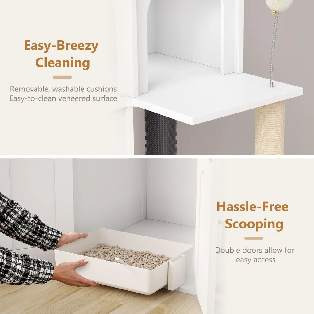 2-in-1 Cat Tree Tower with Litter Box Enclosure & Storage — White