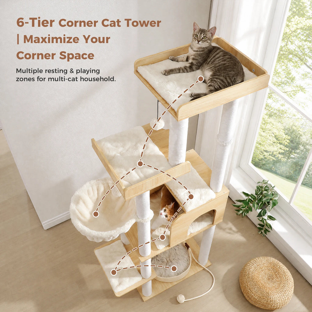 Tall Modern Wood Cat Tree Tower with Detachable Woven Basket Bed