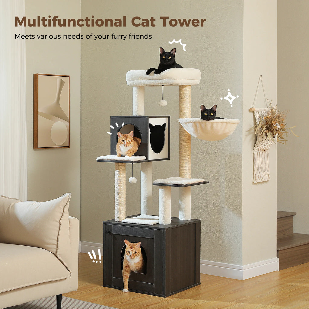 Wood Cat Tree Tower with Storage Cabinet, Condo & Hammock