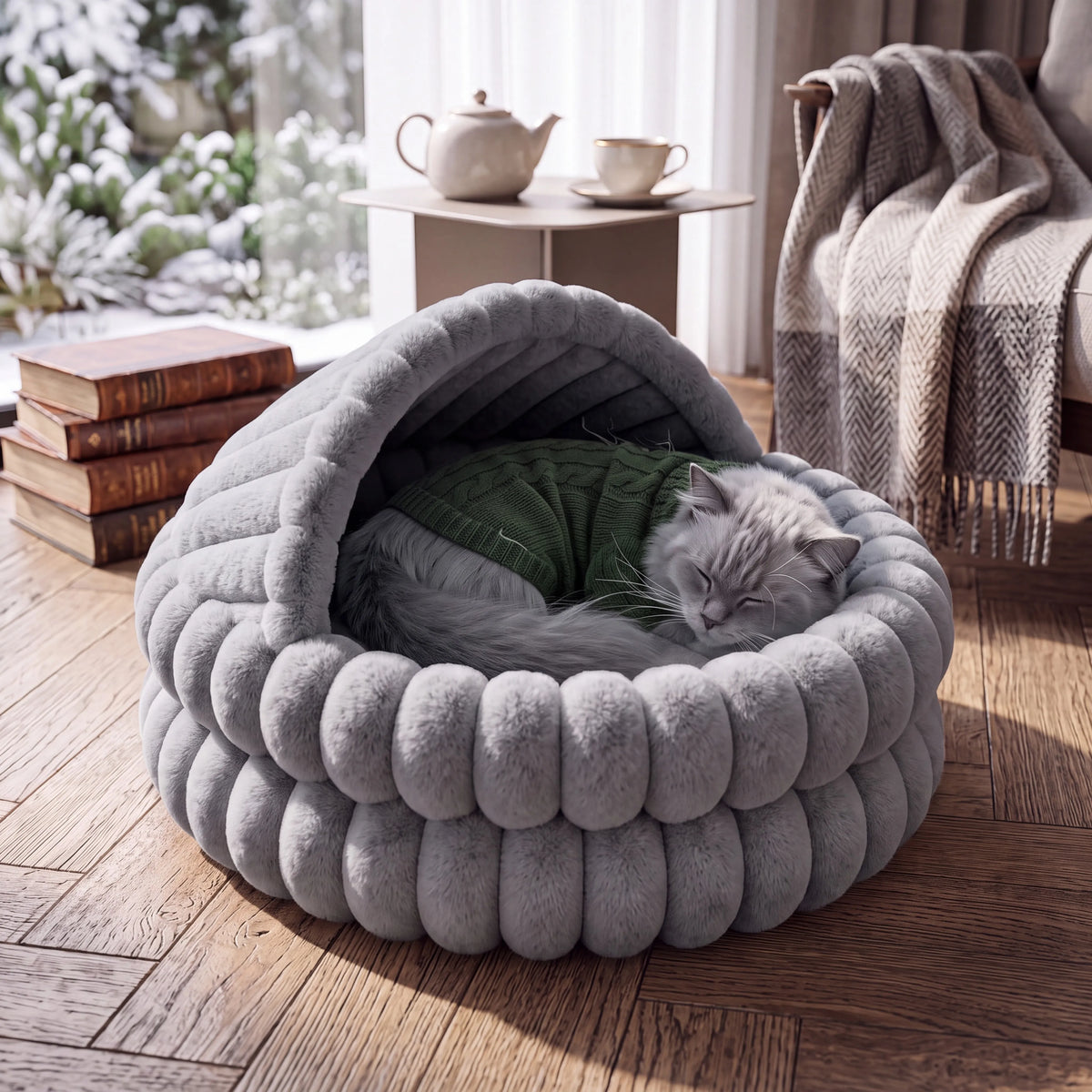 Soft Hooded Cat Cave Bed with Self-Warming Cushion & Non-Slip Bottom