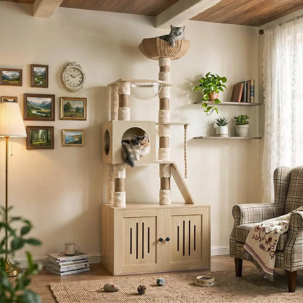 66.9" All-in-One Cat Tree Tower with Hidden Litter Box Enclosure Cabinet