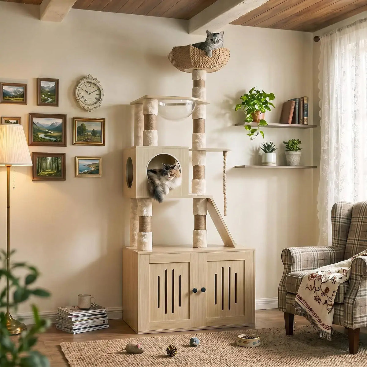 66.9" All-in-One Cat Tree Tower with Hidden Litter Box Enclosure Cabinet