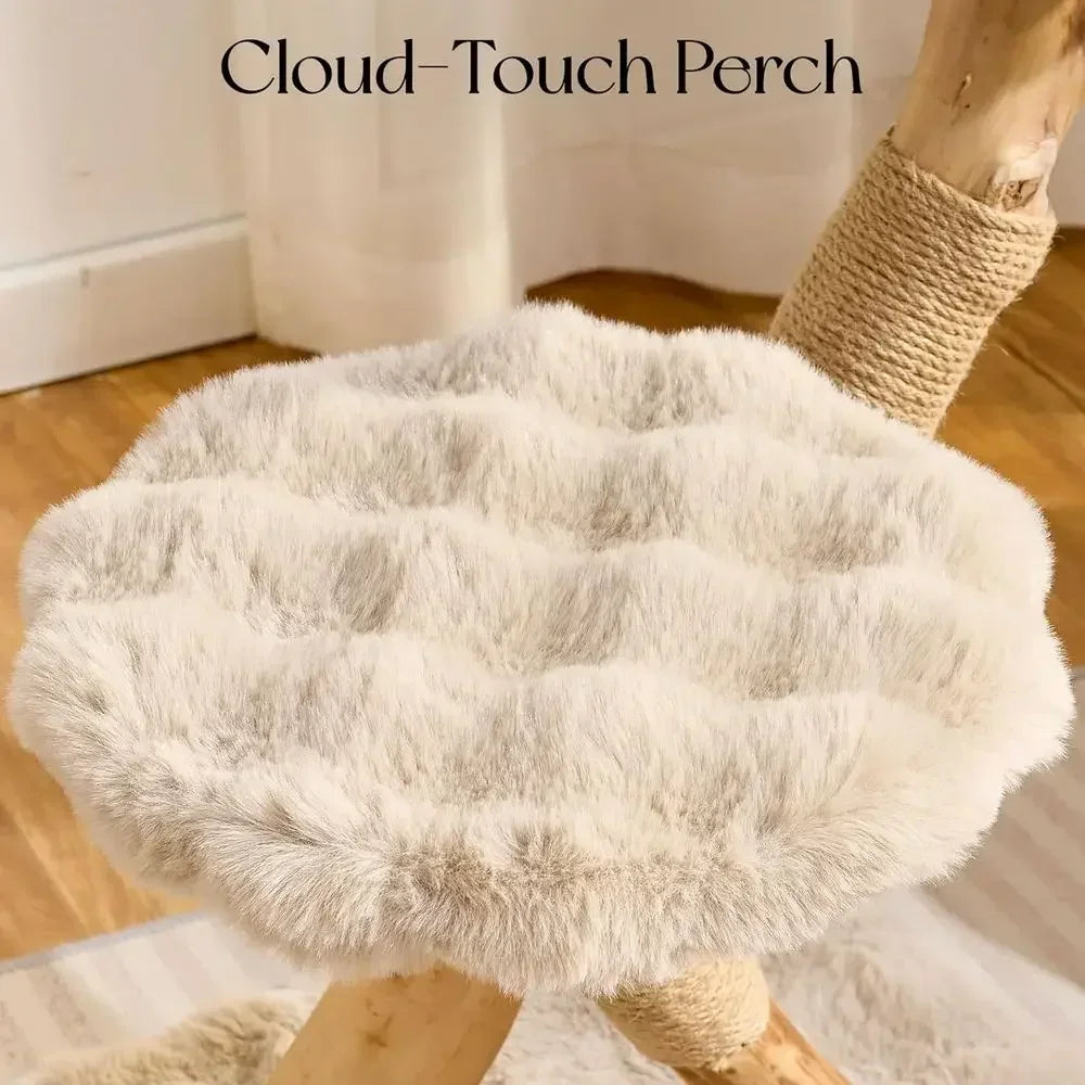 33" Solid Wood Cat Tree Tower with Natural Branch & Hanging Toy