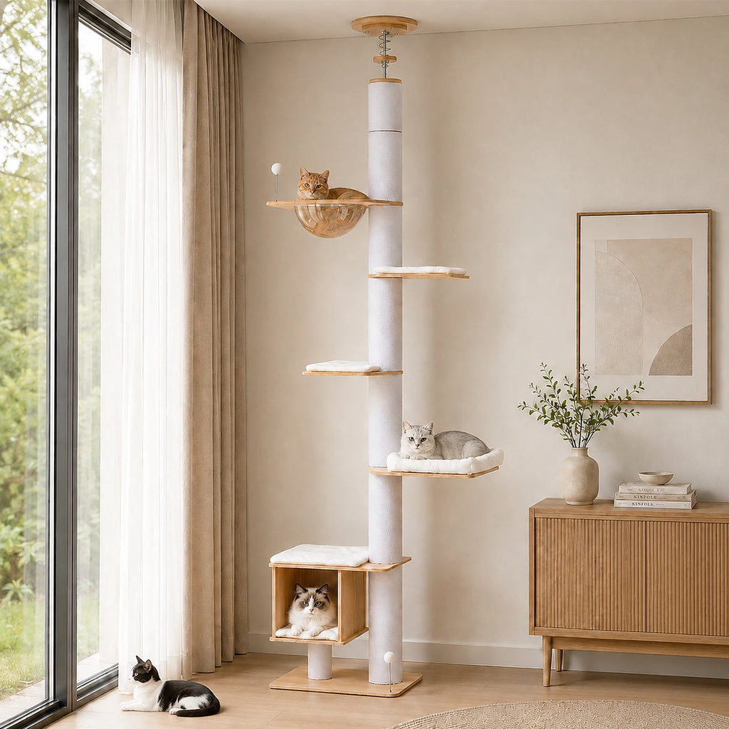Floor-to-Ceiling Wood Cat Tree Tower with Clear Capsule & Large Condo