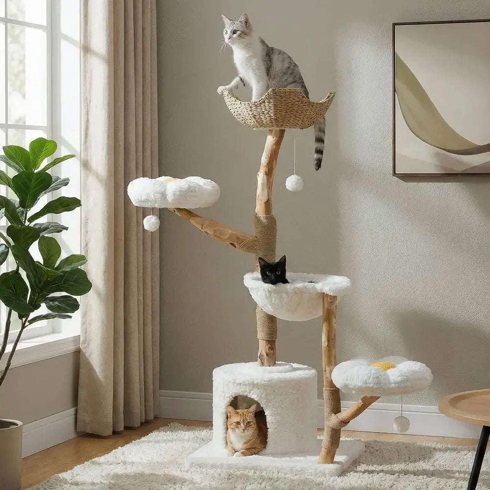 59" Natural Wood Cat Tree Tower with Real Branch & Wicker Basket Bed — Cloud White