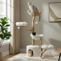 59" Natural Wood Cat Tree Tower with Real Branch & Wicker Basket Bed — Cloud White