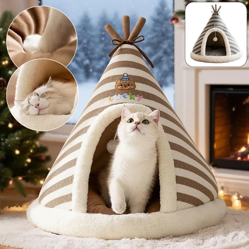 Self-Warming Plush Cat Tent Bed with Washable Cover