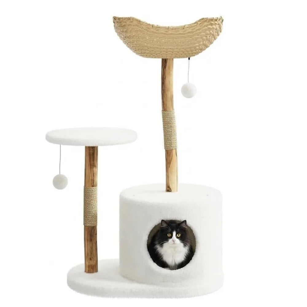 43" Modern Wooden Cat Tree Tower with Woven Rattan & Dual Perches