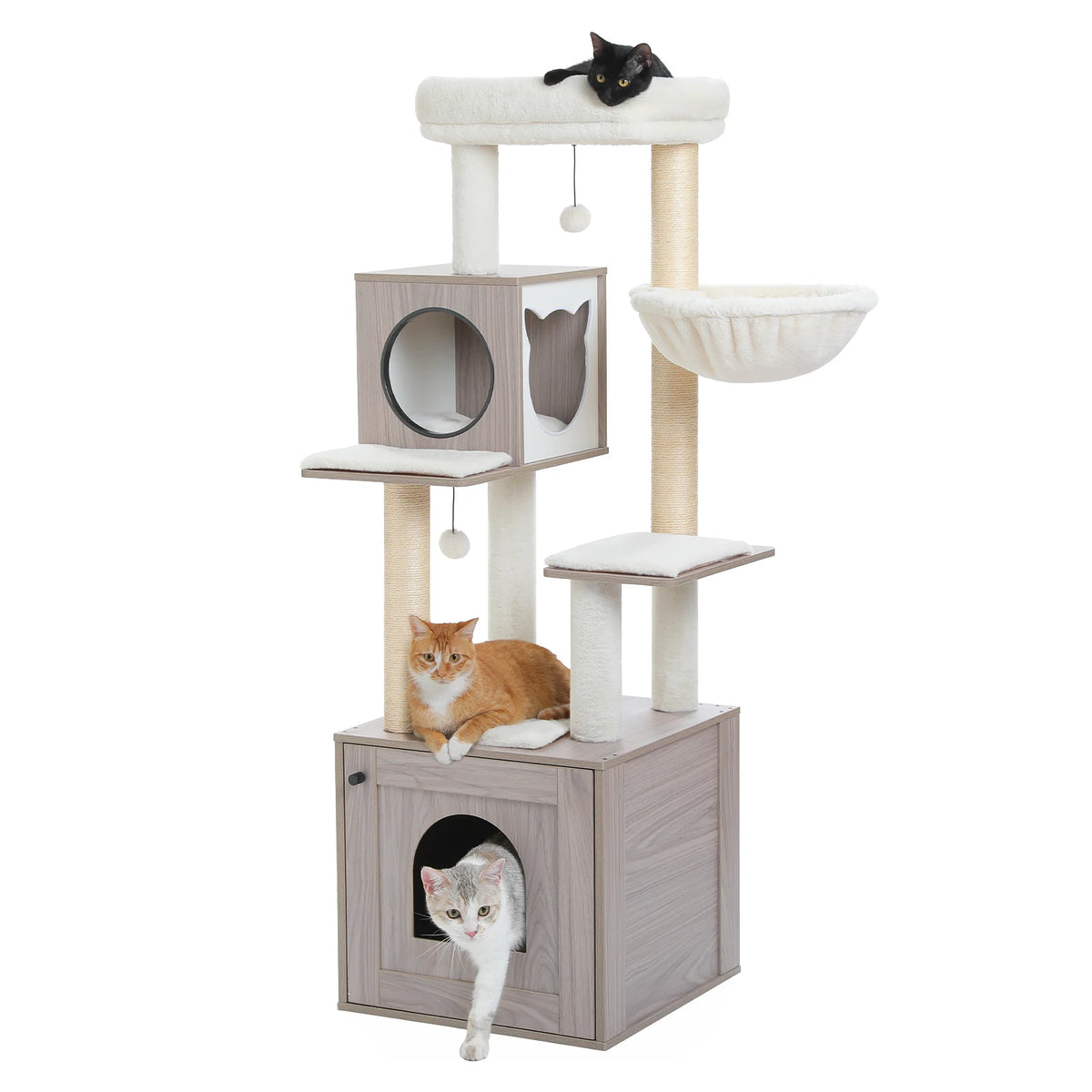 Wood Cat Tree Tower with Storage Cabinet, Condo & Hammock