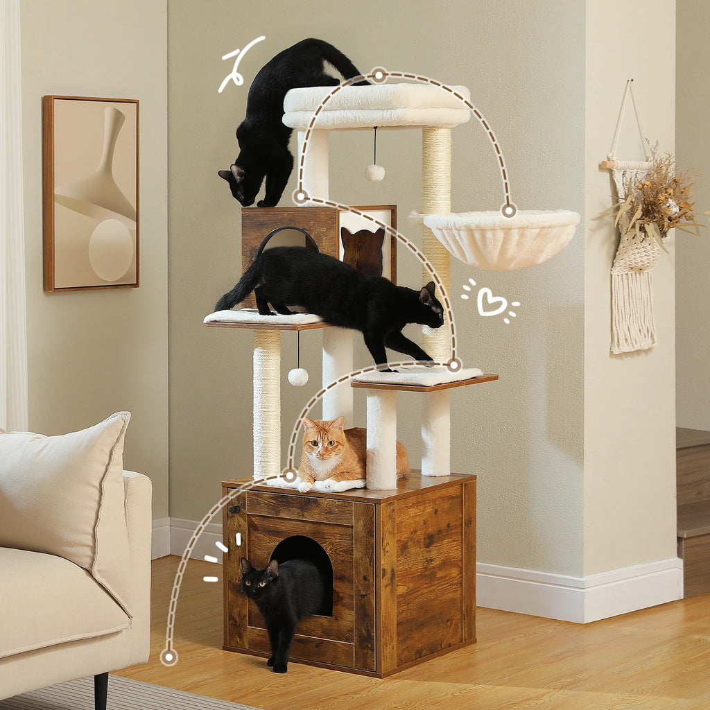 Wood Cat Tree Tower with Storage Cabinet, Condo & Hammock