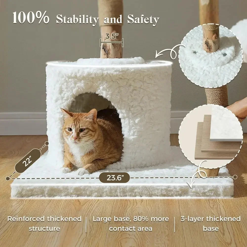 59" Natural Wood Cat Tree Tower with Real Branch & Wicker Basket Bed — Cloud White
