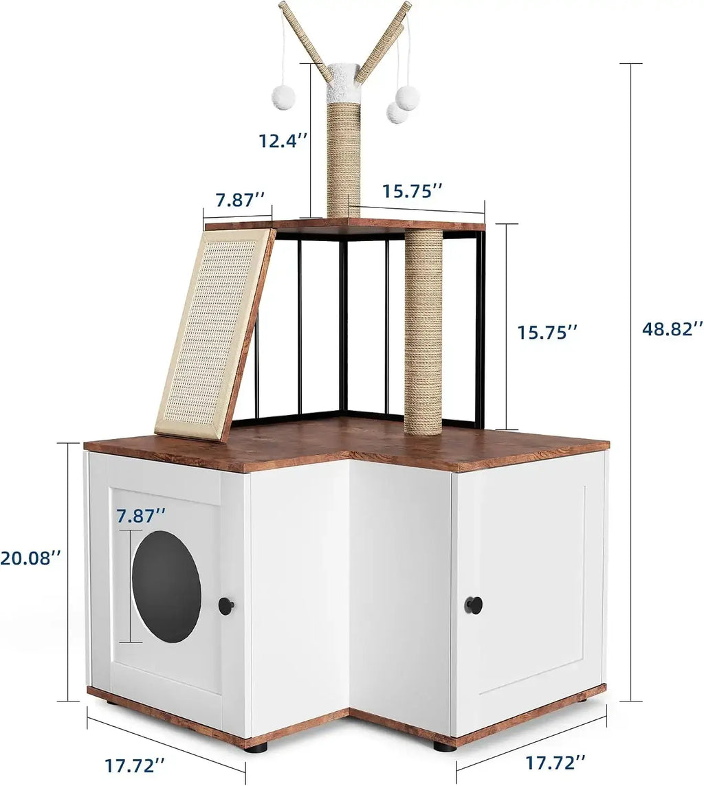 Wood L-Shaped Cat Corner Tree with Storage Cabinet