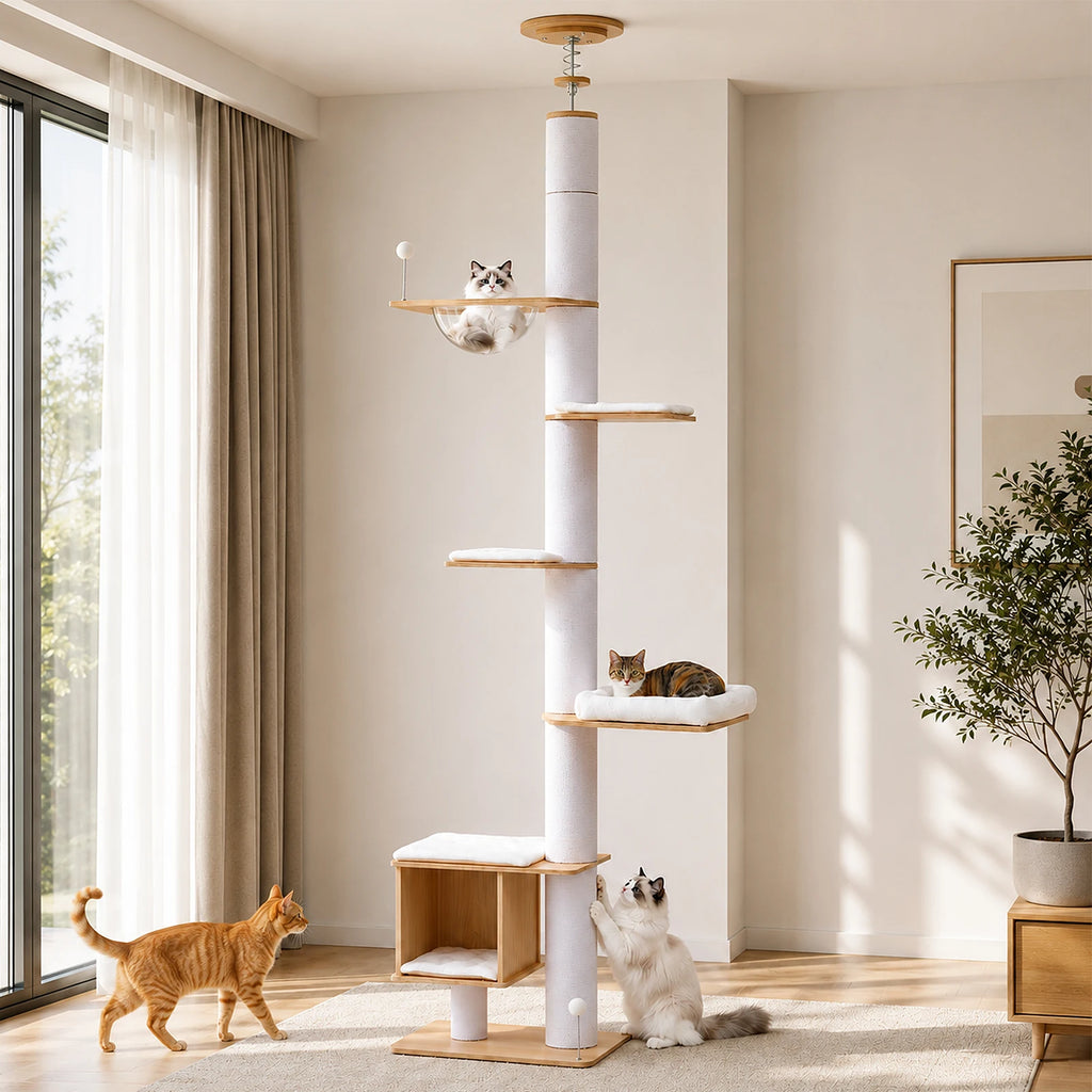 Floor-to-Ceiling Wood Cat Tree Tower with Clear Capsule & Large Condo