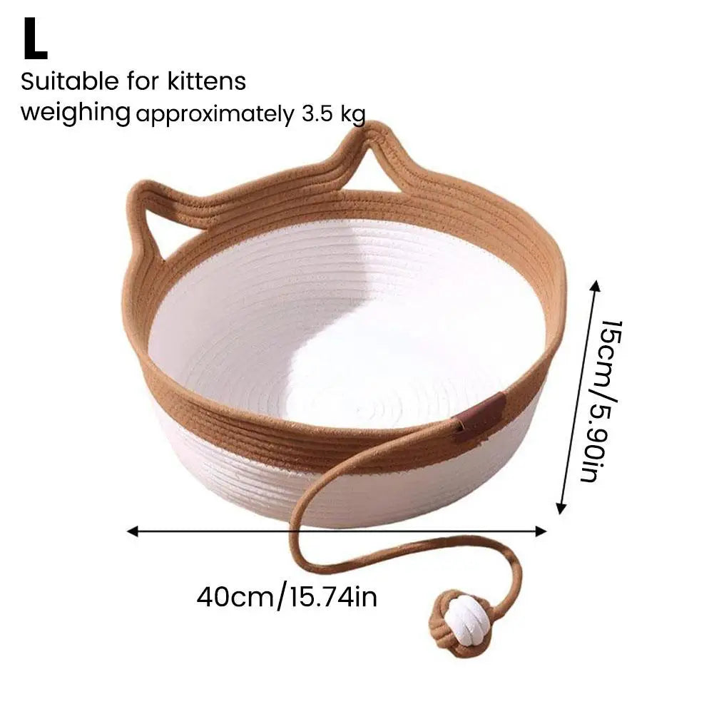 Cotton Rope Cat Basket Bed with Interactive Ball Woven Scratchable Sleeping Bowl for Indoor Cats Kittens Modern Home