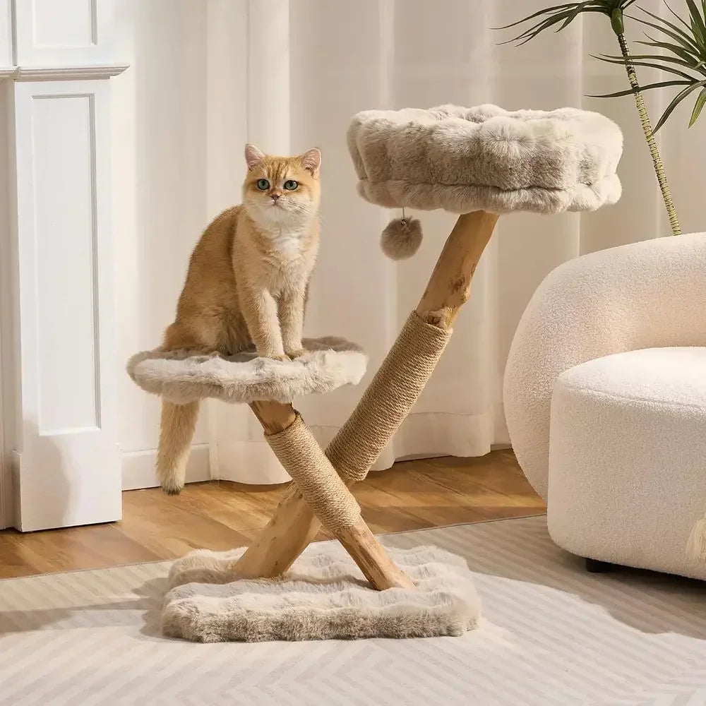 33" Solid Wood Cat Tree Tower with Natural Branch & Hanging Toy