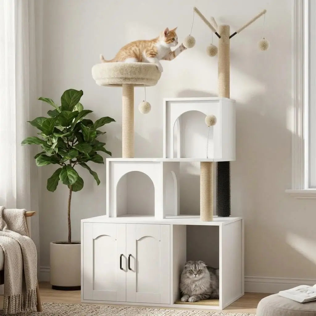 2-in-1 Cat Tree Tower with Litter Box Enclosure & Storage — White