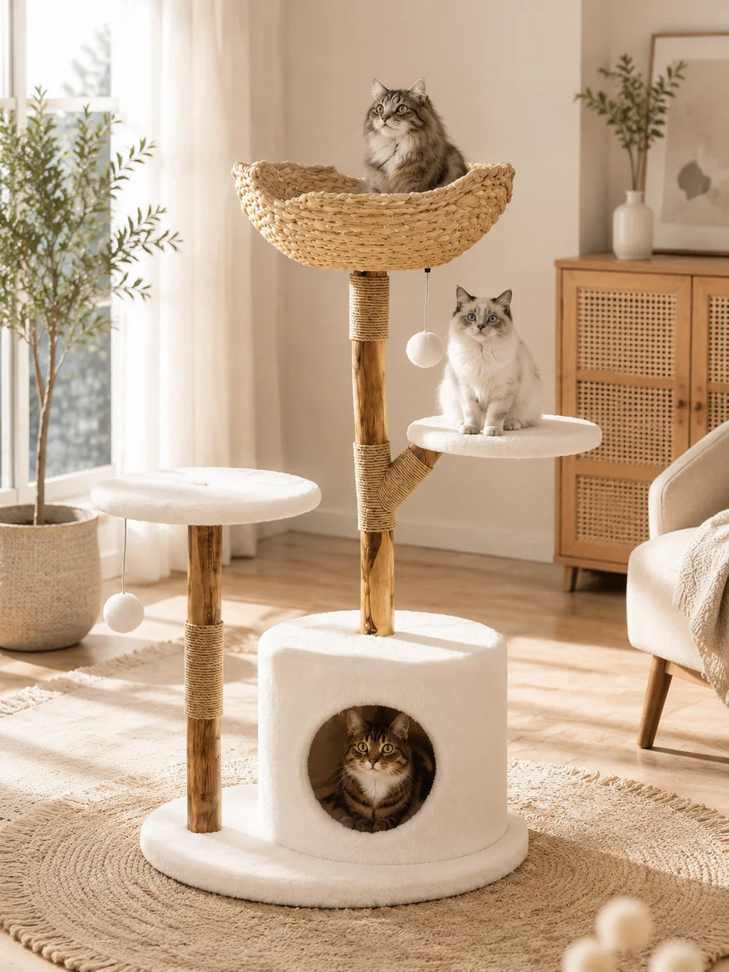 43" Modern Wooden Cat Tree Tower with Woven Rattan & Dual Perches