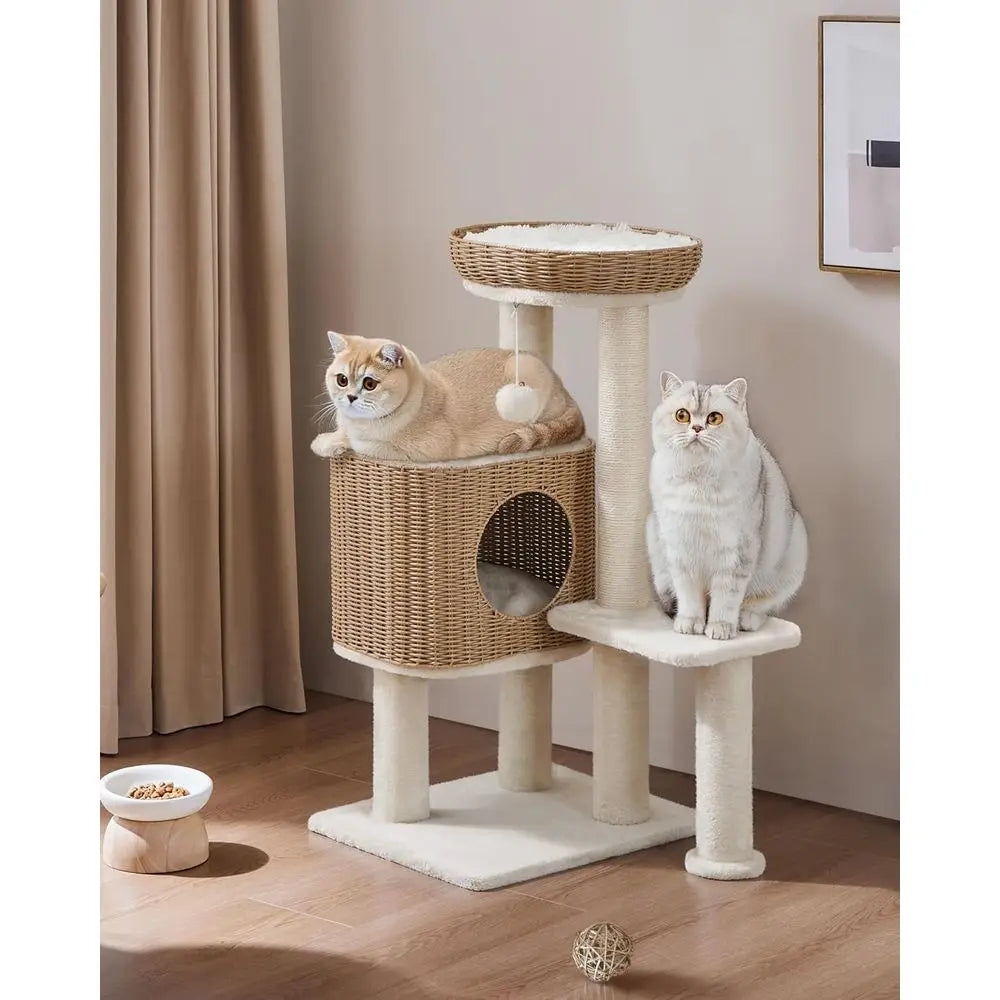 36" Woven Rattan Cat Tree Tower with XL Condo & Elevated Perch