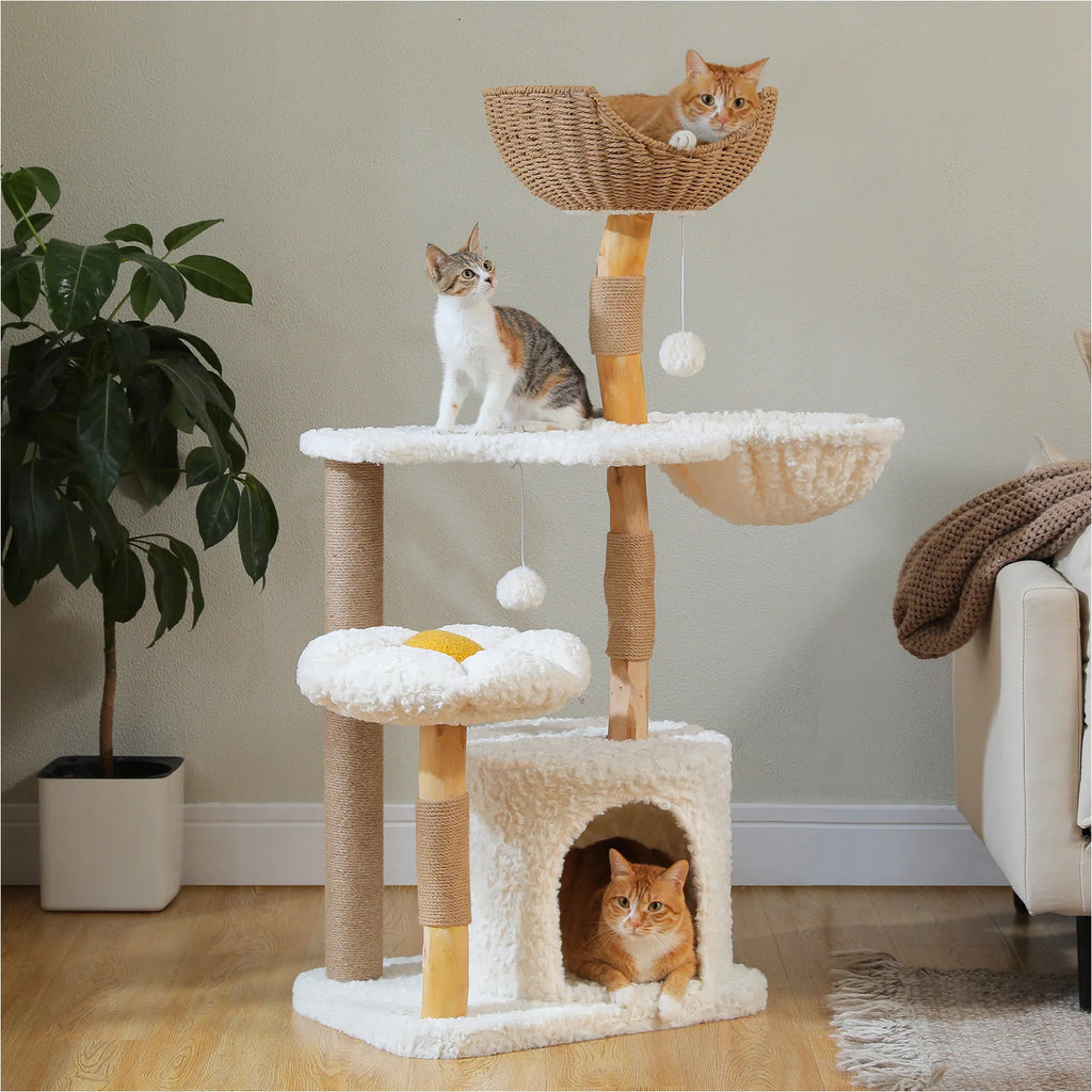 Modern Wood Cat Tree Tower with Flower Bed, Luxury Condo & Hammock