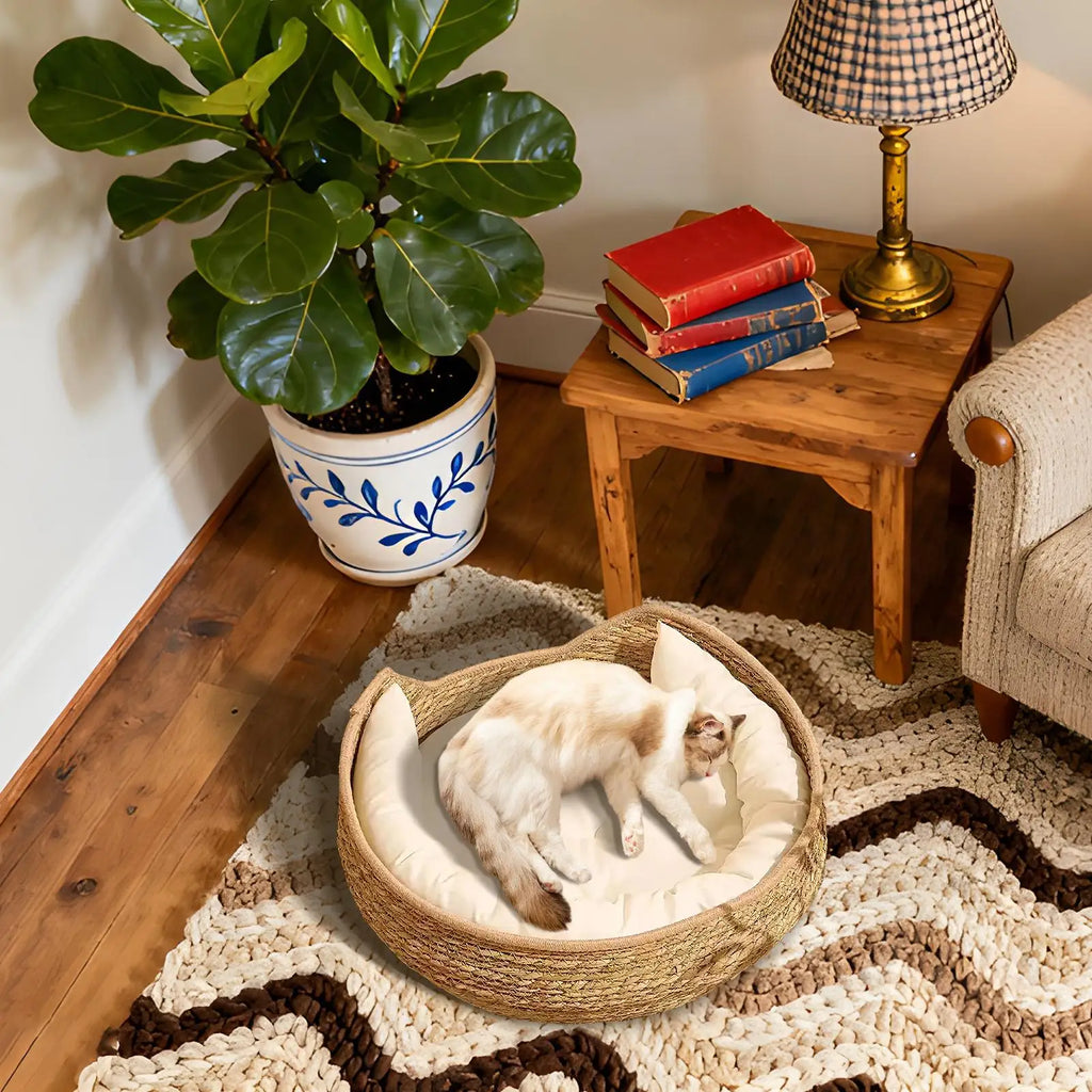 Cat Bed Hand-Woven Cotton Rope Cat Basket All Season Indoor Weaving Pet Resting Scratching Sleeping Furniture for All Breeds