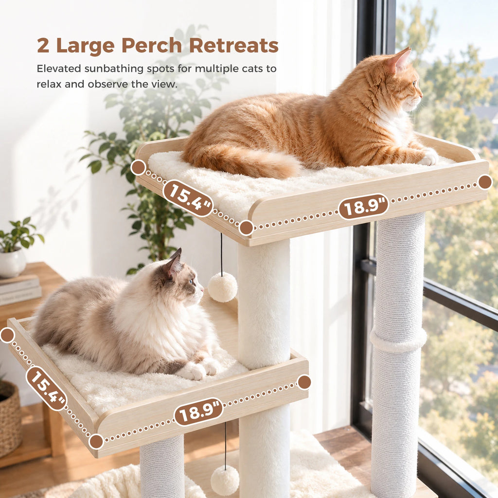 Tall Modern Wood Cat Tree Tower with Detachable Woven Basket Bed