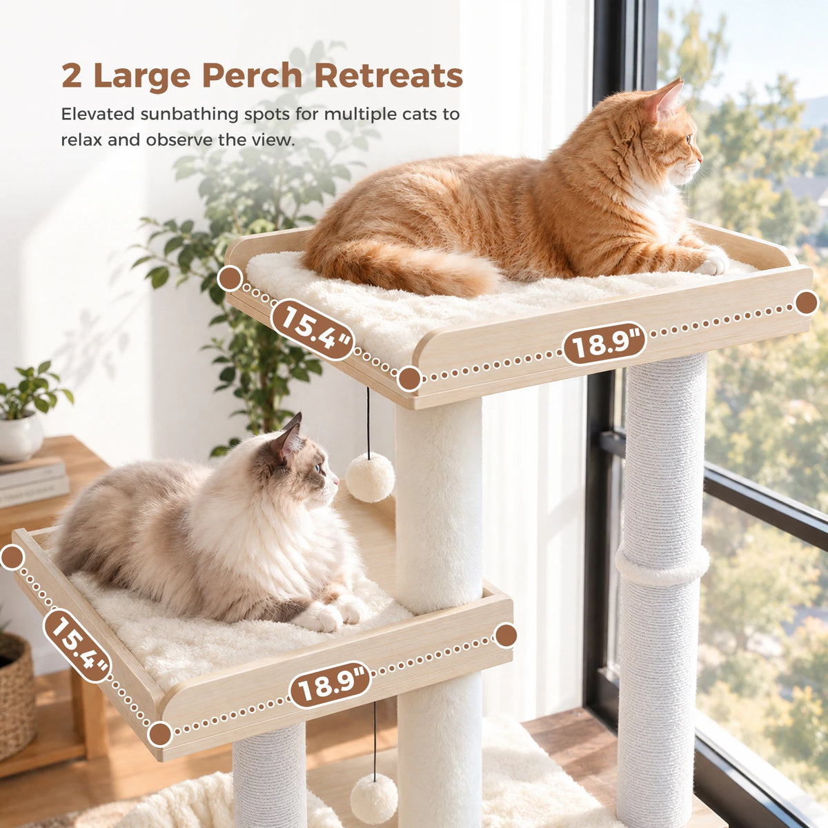 Tall Modern Wood Cat Tree Tower with Detachable Woven Basket Bed