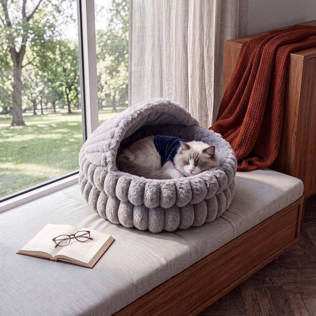 Soft Hooded Cat Cave Bed with Self-Warming Cushion & Non-Slip Bottom