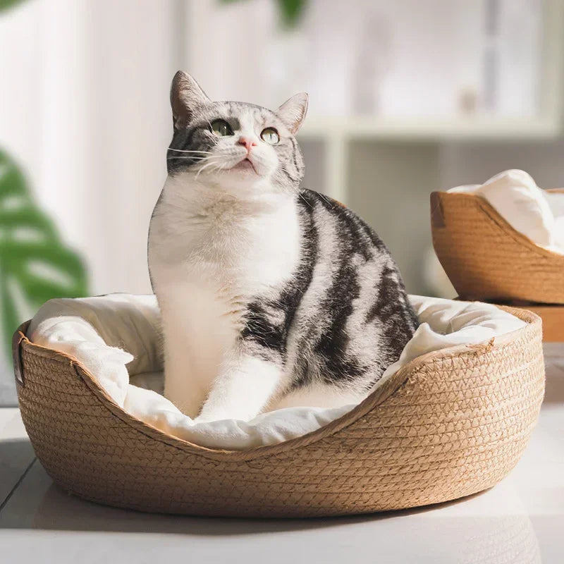 Four-Season Bamboo Weaving Pet Bed Basket with Removable Cushion