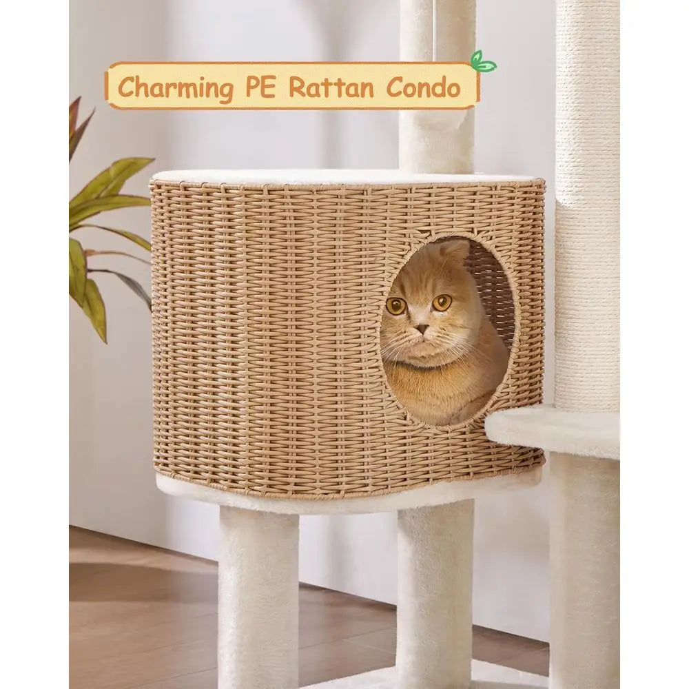 36" Woven Rattan Cat Tree Tower with XL Condo & Elevated Perch
