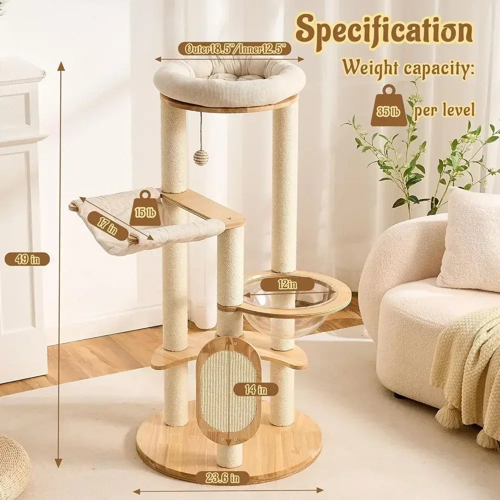 49" Solid Wood Cat Tree Tower with Hammock, Bed & Toys