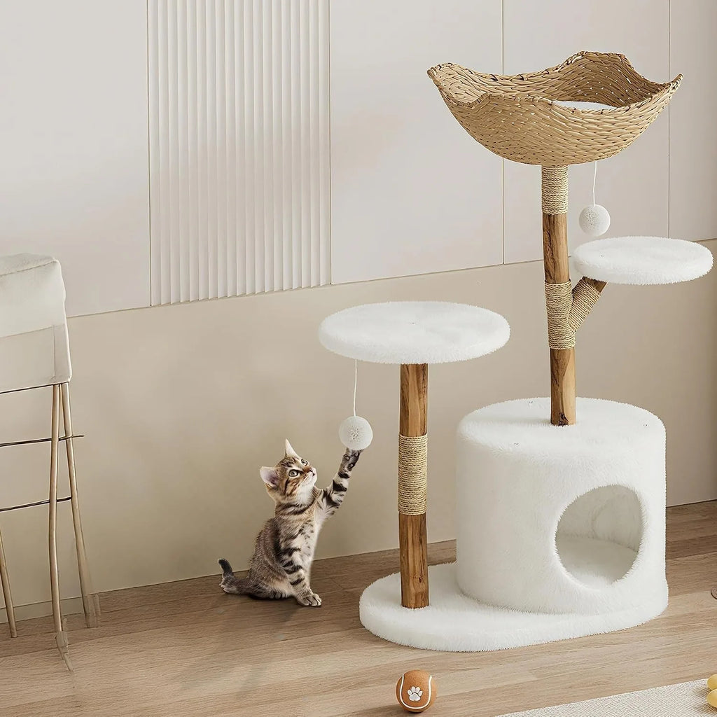 43" Modern Wooden Cat Tree Tower with Woven Rattan & Dual Perches