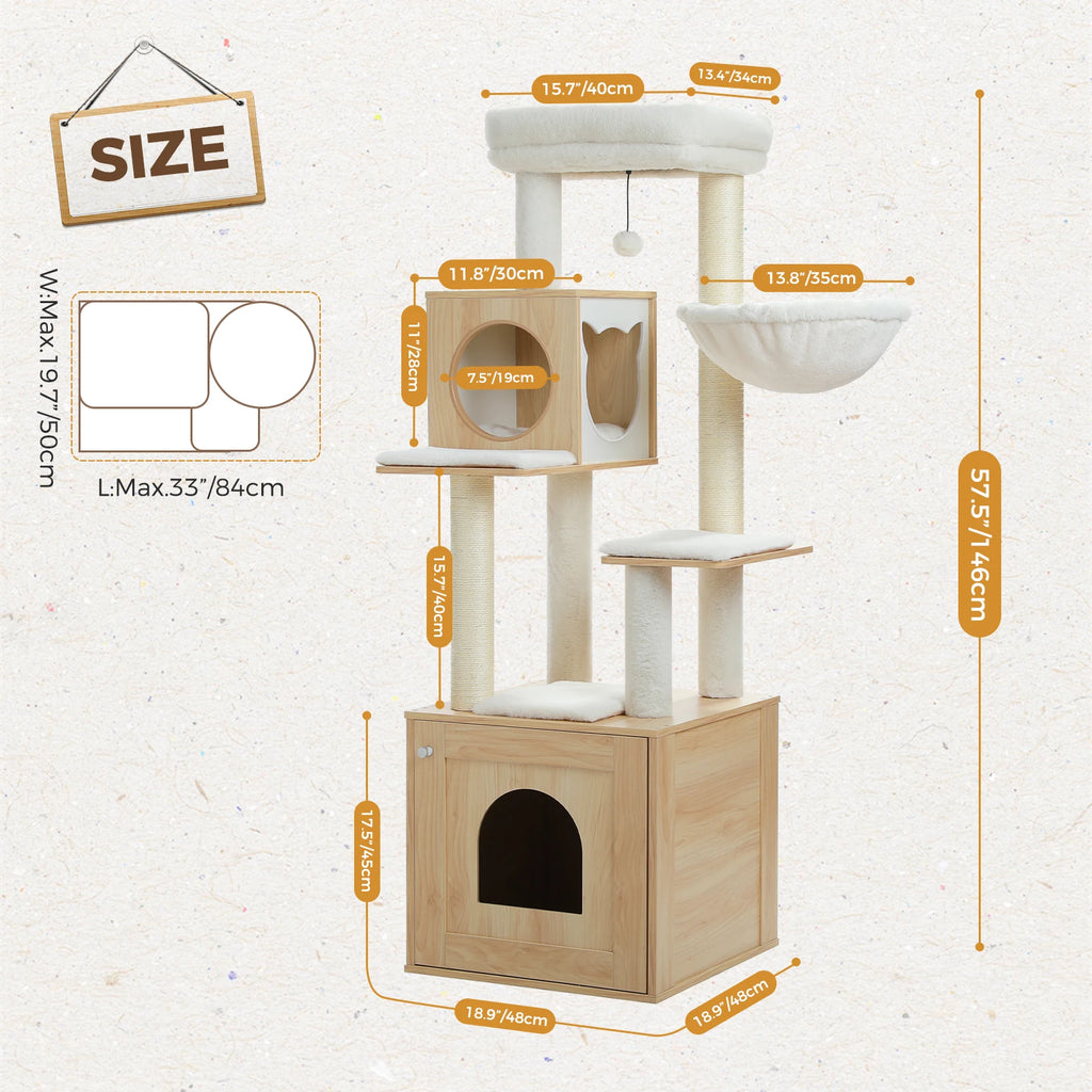 Wood Cat Tree Tower with Storage Cabinet, Condo & Hammock