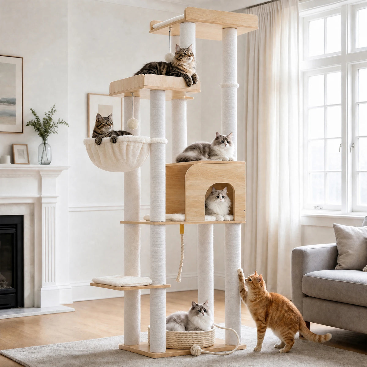 Tall Modern Wood Cat Tree Tower with Detachable Woven Basket Bed