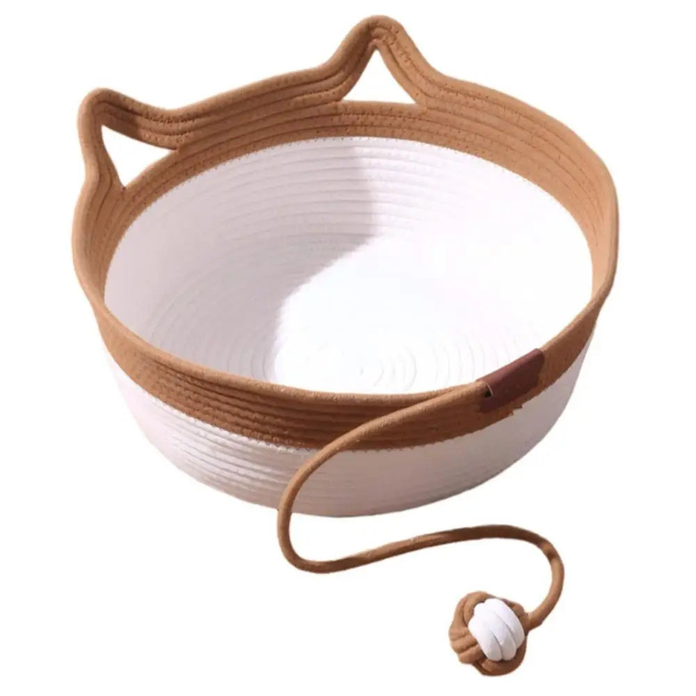 Cotton Rope Cat Basket Bed with Interactive Ball Woven Scratchable Sleeping Bowl for Indoor Cats Kittens Modern Home