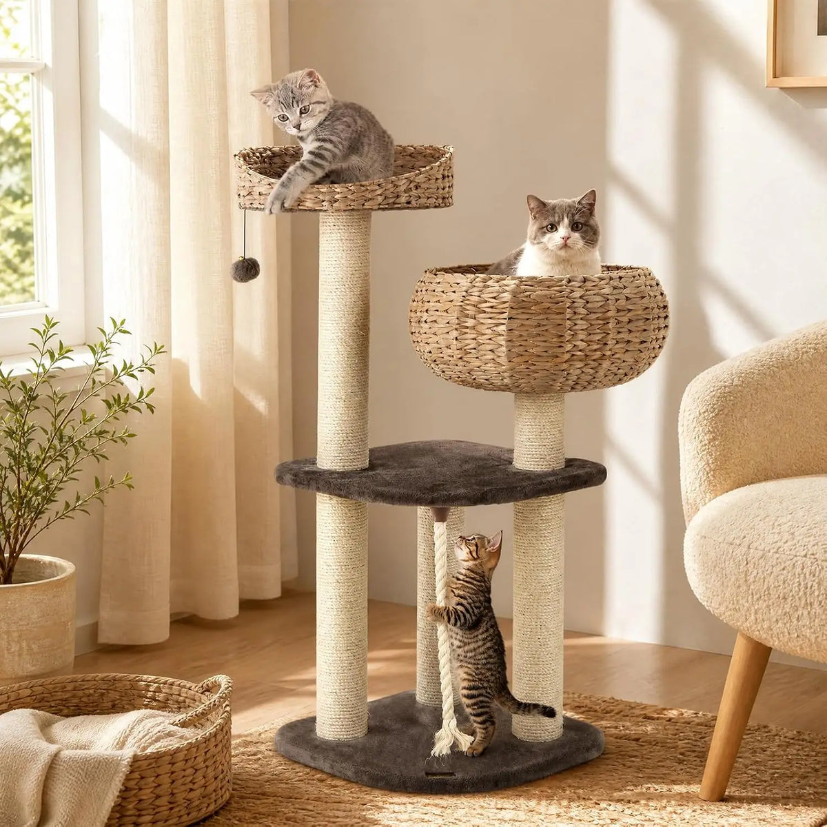 41" Multi-Level Hand-Woven Water Hyacinth Cat Tree with 5 Sisal Posts