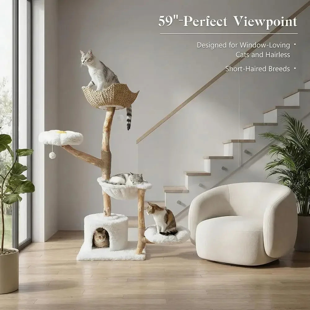 59" Natural Wood Cat Tree Tower with Real Branch & Wicker Basket Bed — Cloud White