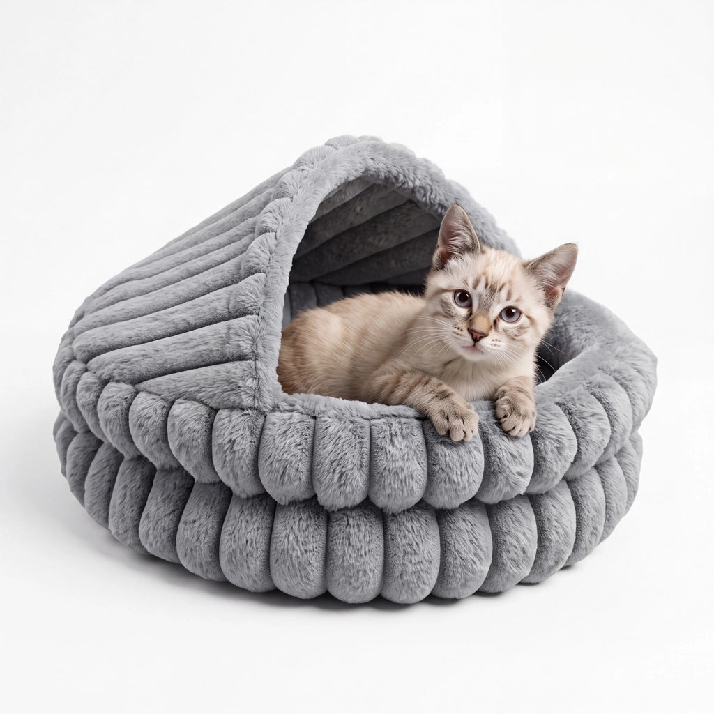Soft Hooded Cat Cave Bed with Self-Warming Cushion & Non-Slip Bottom
