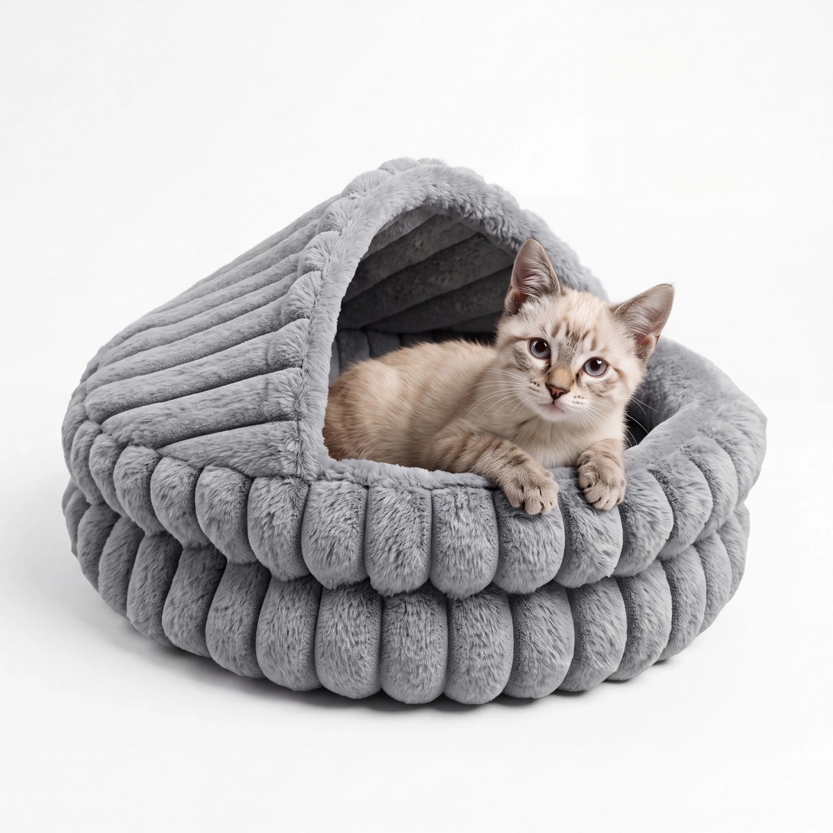 Soft Hooded Cat Cave Bed with Self-Warming Cushion & Non-Slip Bottom
