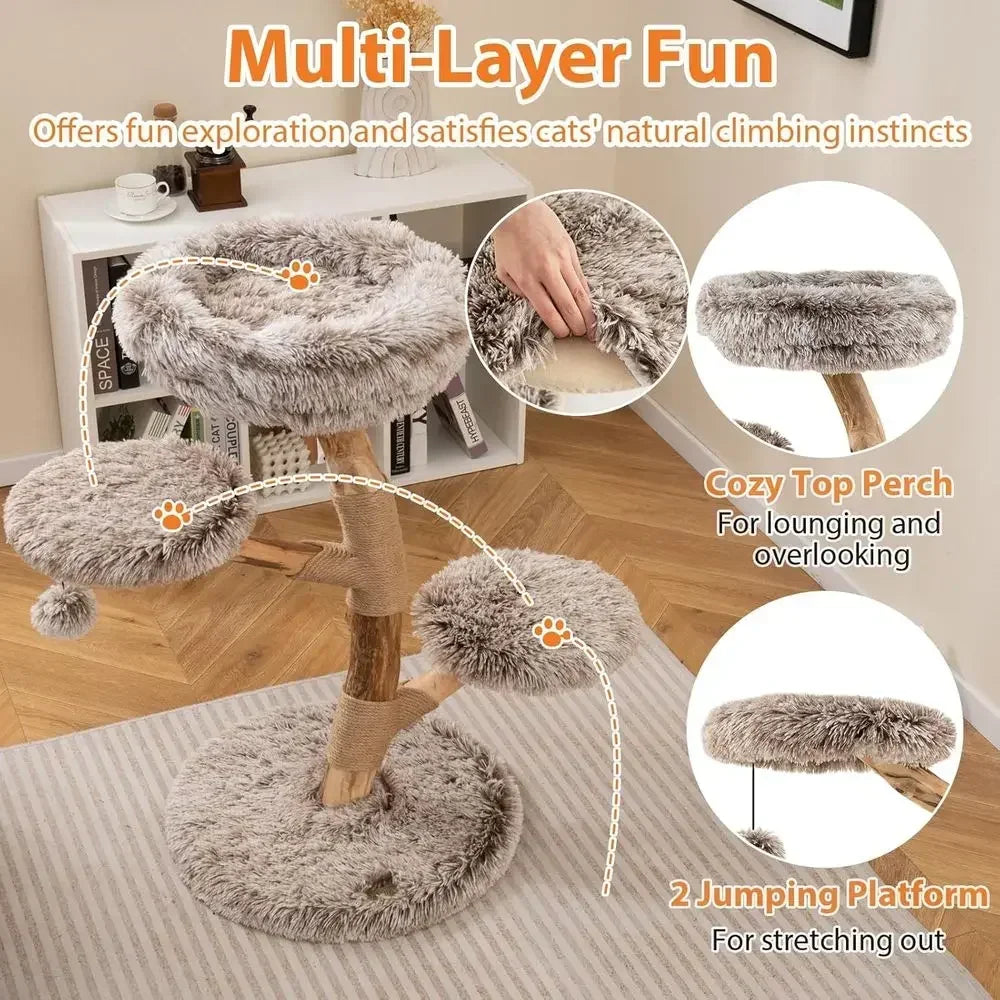 Multi-Level Wood Cat Tree Tower with Natural Branch & Plush Perch for Kittens