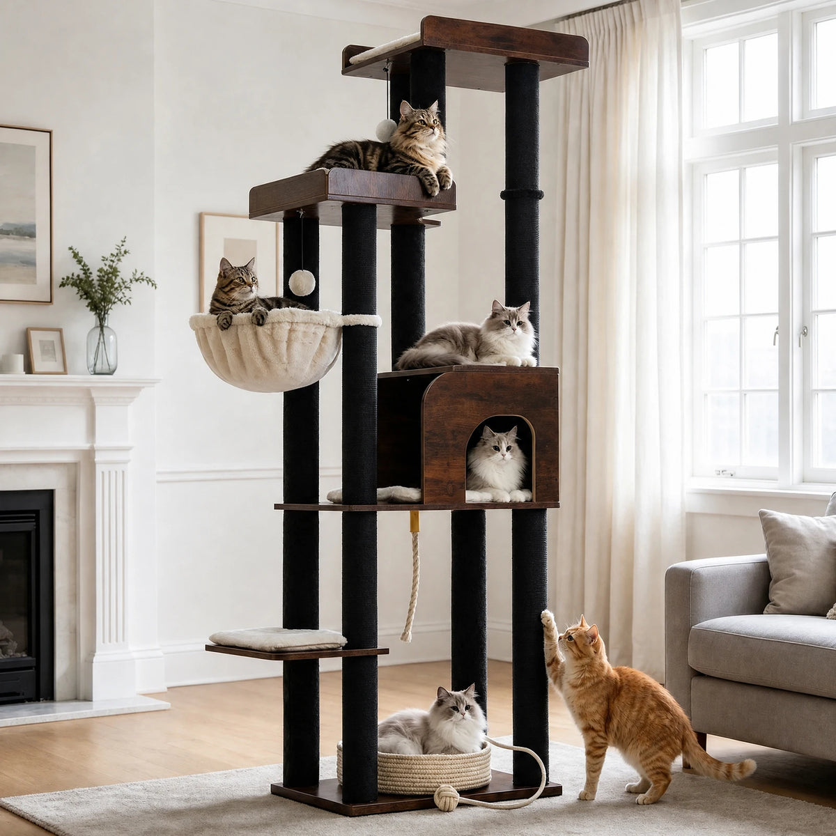 Tall Modern Wood Cat Tree Tower with Detachable Woven Basket Bed