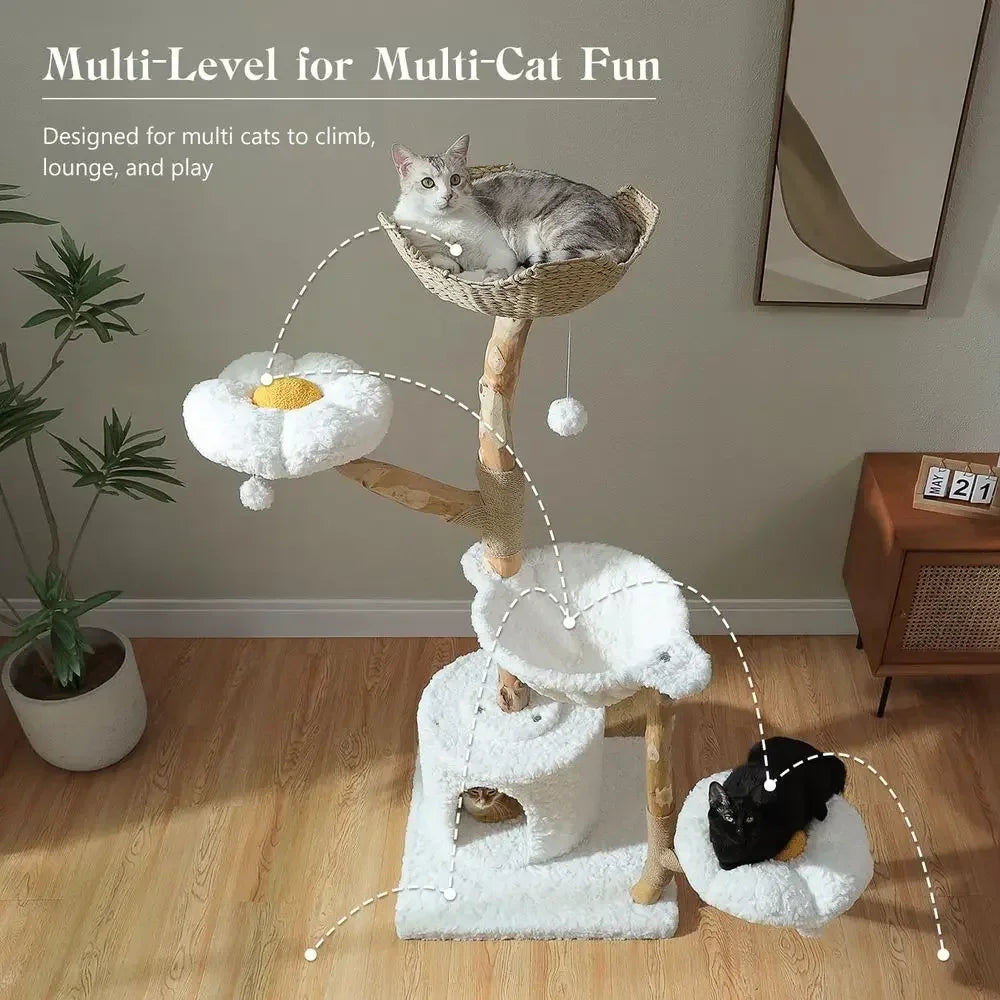 59" Natural Wood Cat Tree Tower with Real Branch & Wicker Basket Bed — Cloud White
