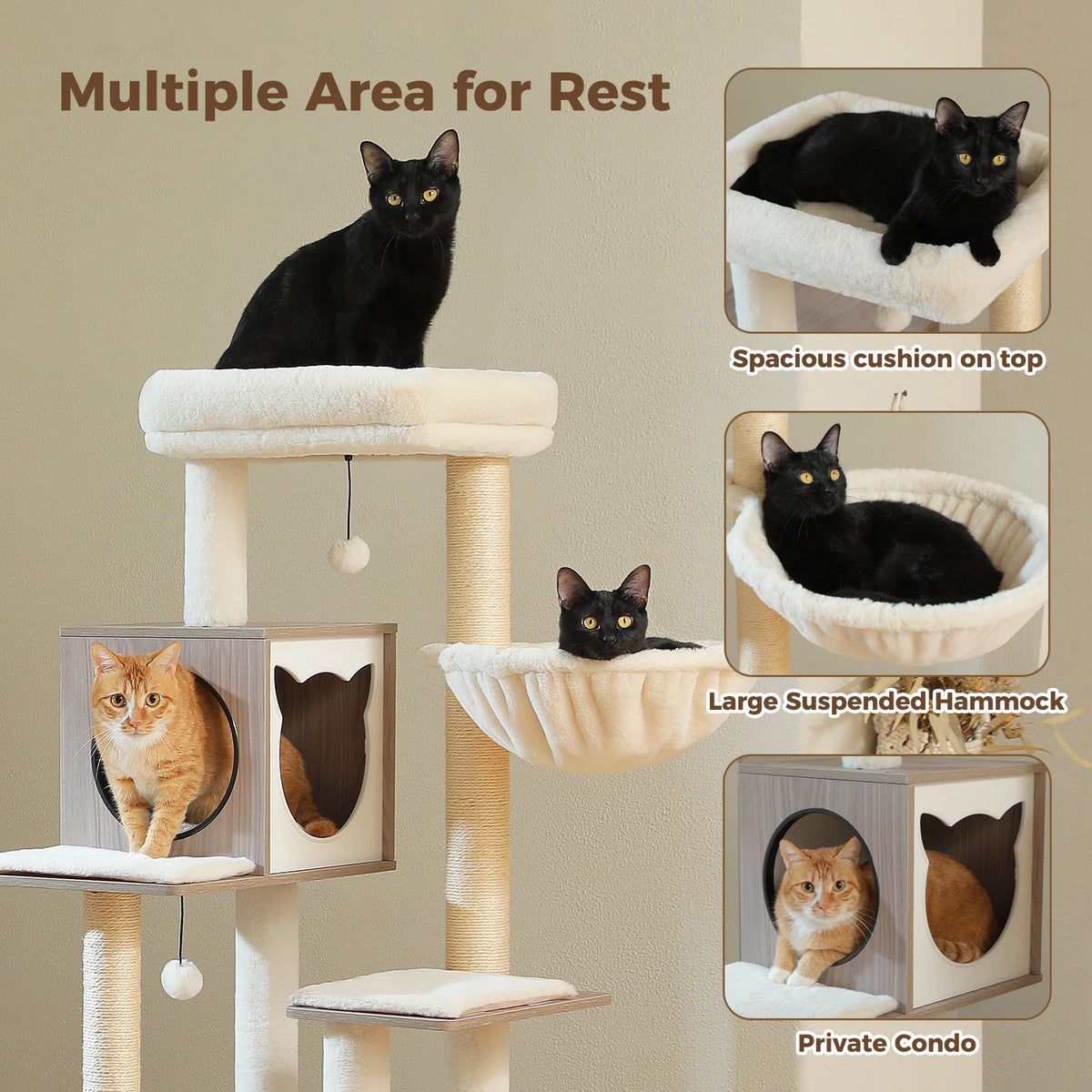 Wood Cat Tree Tower with Storage Cabinet, Condo & Hammock