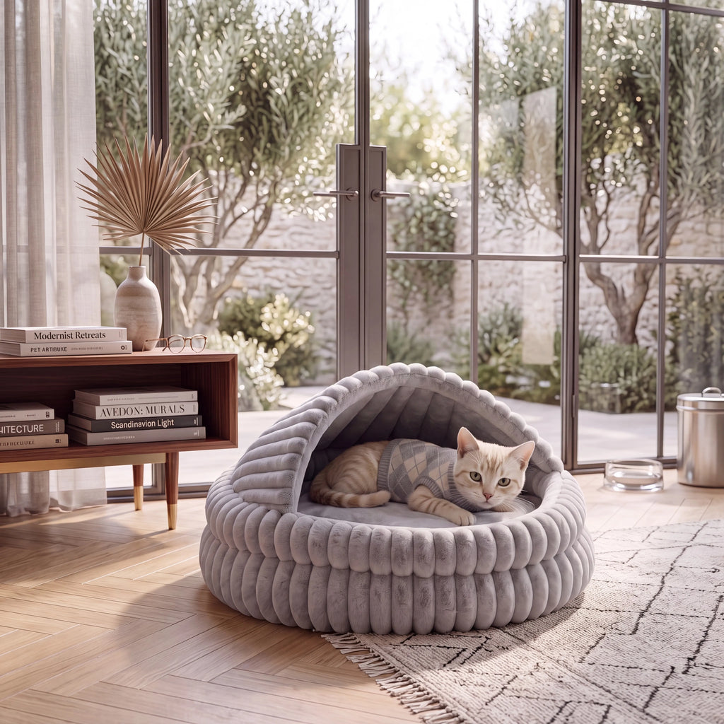 Soft Hooded Cat Cave Bed with Self-Warming Cushion & Non-Slip Bottom