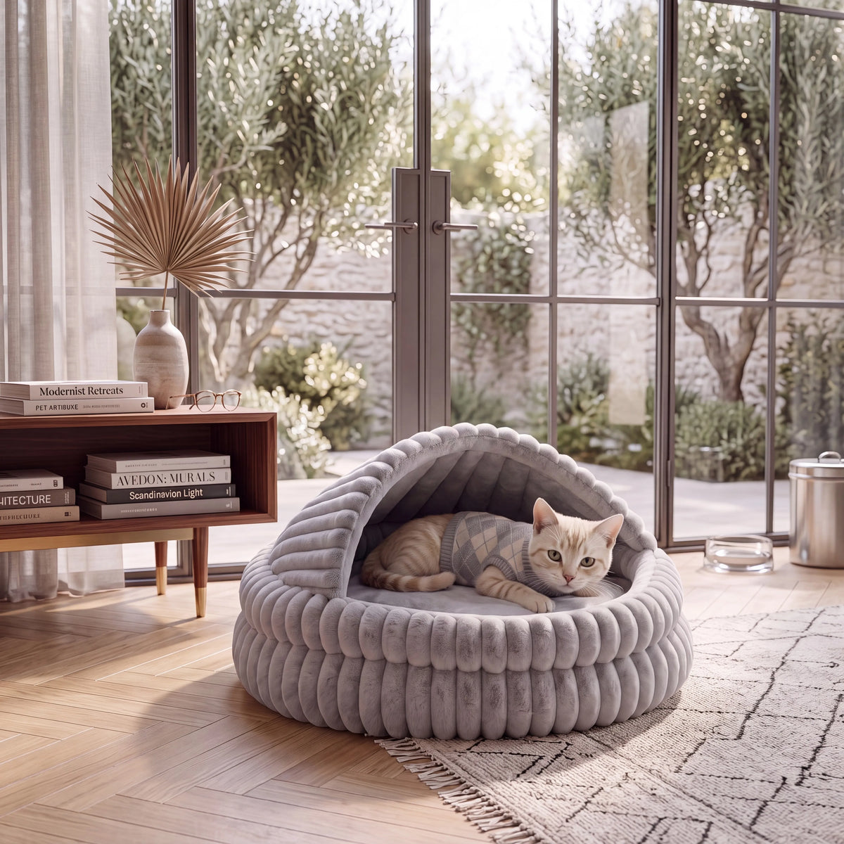Soft Hooded Cat Cave Bed with Self-Warming Cushion & Non-Slip Bottom