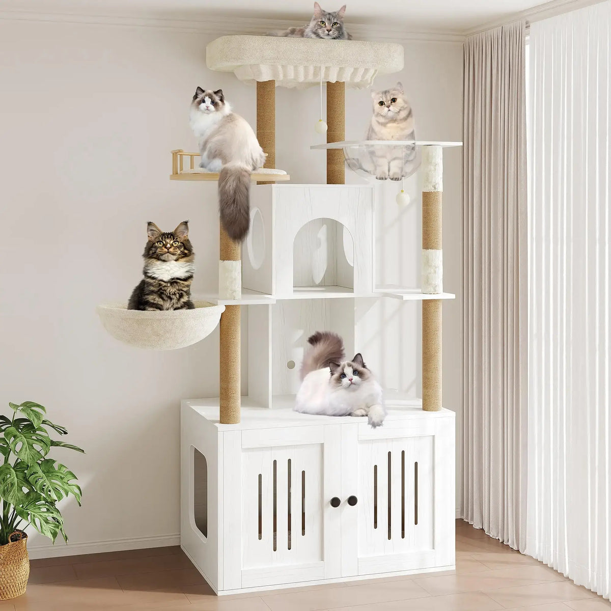 59" Cat Tree Tower with Hidden Litter Box Enclosure & Hammock