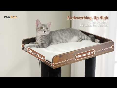 Tall Modern Wood Cat Tree Tower with Detachable Woven Basket Bed